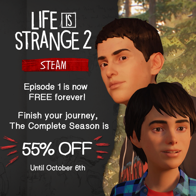 To keep the celebrations going for #LifeIsStrange2 Episode 1 becoming FREE forever, the Complete Season (Episodes 2 - 5) is now 55% off on Steam!
Find the offer here: https://sqex.link/a8152