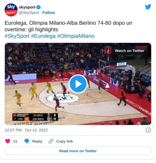 Eurolega, Olimpia Milano-Alba Berlino 74-80 dopo un overtime: gli highlights#SkySport #Eurolega #OlimpiaMilano pic.twitter.com/2v9CDbdN5l  — skysport (@SkySport) October 14, 2022