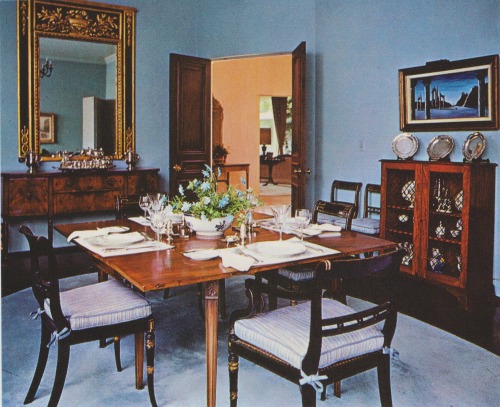 In the Dining Room, cool-hued walls and a simplified East Indian rug offer a restful foil for a dign