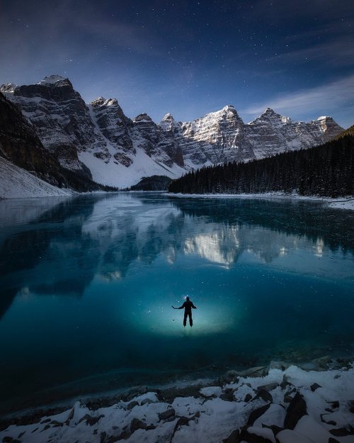 “Ten Against One”A lone hockey player faces off against the Ten Peaks, one of Banff National P