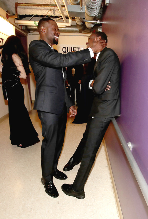 awardseason: Trevante Rhodes and Ashton Sanders backstage during the 89th Annual Academy Awards at H