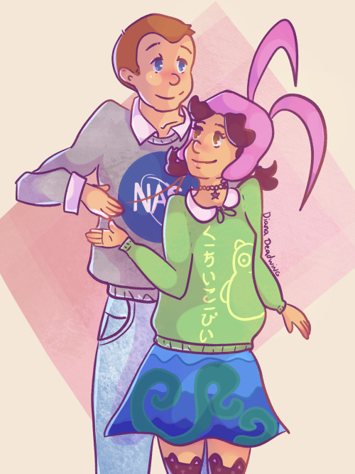 Digital fan art on an aged-up Rudy Stieblitz and Louise Belcher from Bob’s Burgers. Louise stands in front of Rudy and looks up at him fondly with one hand outstretched for a handshake and her other arm at her side. She wears a large lime green sweater with a large light-colored outline of Kuchi Kopi on the right and Kuchi Kopi written in hiragana on the left. She also wears a knee length skirt with waves in different shakes of blue and green tentacles meant to be reminiscent of akkoro kamui. Rudy is dressed in a classic gray NASA sweat shirt with a white dress shirt underneath. He is also wearing acid wash jeans in a looser cut. He stands at about a head taller than Louise and looks down at her with a smile. He has a hand outstretched towards her palm down as if to either hold her hand or shake it.