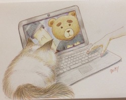 mitty3000:Otabear and Potya on video chat <3 Color pencil
