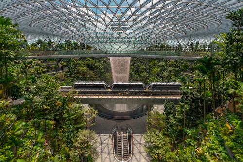 escapekit: Rain Vortex A seven-story waterfall designed by Safdie Architects is the focal point of the new Singapore’s Jewel Changi Airport. The 130-foot “Rain Vortex” is supplied by collected rainwater, and flows at the centre of a greenhouse