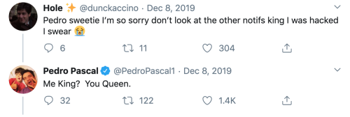 pajamasecrets:Pedro Pascal responding to his indirects on twitter: a sagabonus: