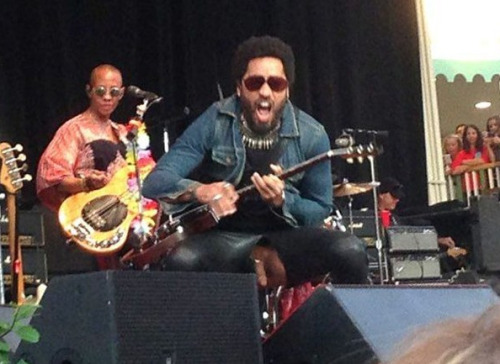 Here is Lenny Kravitz performing at a concert in Stockholm on Monday night. He had a little accident