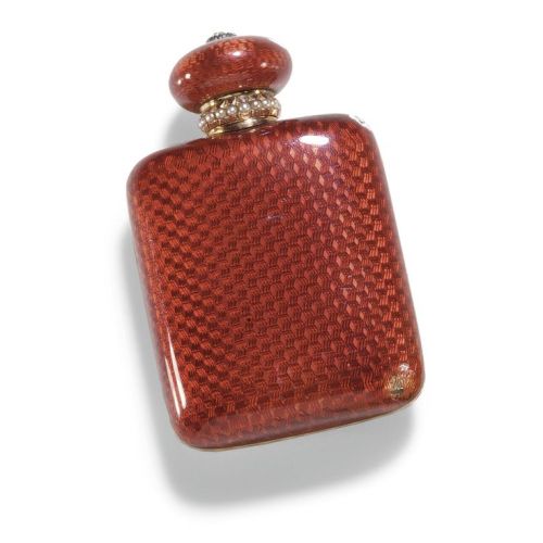 FABERGÉ PERFUME BOTTLE~ jeweled gold and enamel scent bottle, workmaster Henrik Wigström, St Petersb