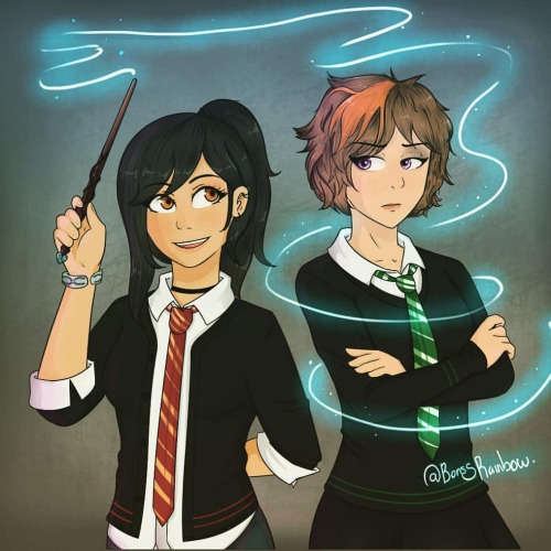 Fanart de mi personaje junto a Merula de Hogwarts Mystery que se ha convertido en uno de mis juegos 