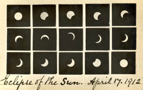 dame-de-pique:Postcard photograph showing time lapse pictures of the eclipse of the sun over King’