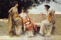 books0977:  Sappho (1895). Francis Coates Jones (American, 1857-1932). Oil on canvas. Sappho is seated against the backdrop of classical Lesbos conversing with two of her pupils. Jones avoided the persuasive sensuality often associated with the theme