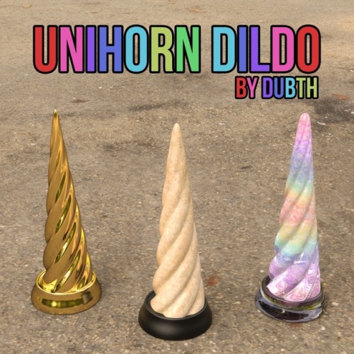 It’s a magical time for your characters with DubTH’s new dildos! Rigged, horn shaped dildo with 2 textures (or single colour) and 7 material presets! Ready for Daz Studio 4.9 and up!Unihorn Dildohttps://renderoti.ca/Unihorn-Dildo