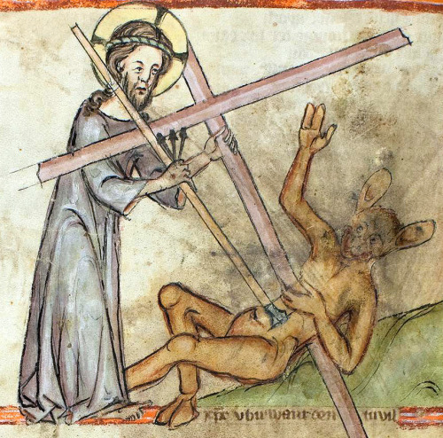 Jesus Christ fighting Mickey Mouse SatanSpeculum Humanae Salvationis, Germany 14th centuryKarlsruhe,