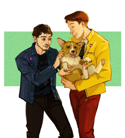 rosenkranz-does-things:My only complaint about Dirk Gently’s holistic detective agency is that they should’ve adopted Rapunzel the corgi[id: a digital painting of Todd Brotzman and Dirk Gently. Dirk is holding the corgi, looking down at her