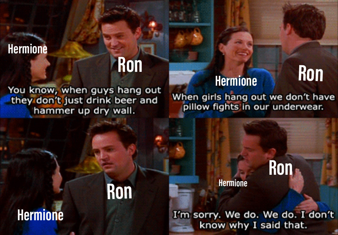 A humorous harry potter meme with ron weasley and hermione granger