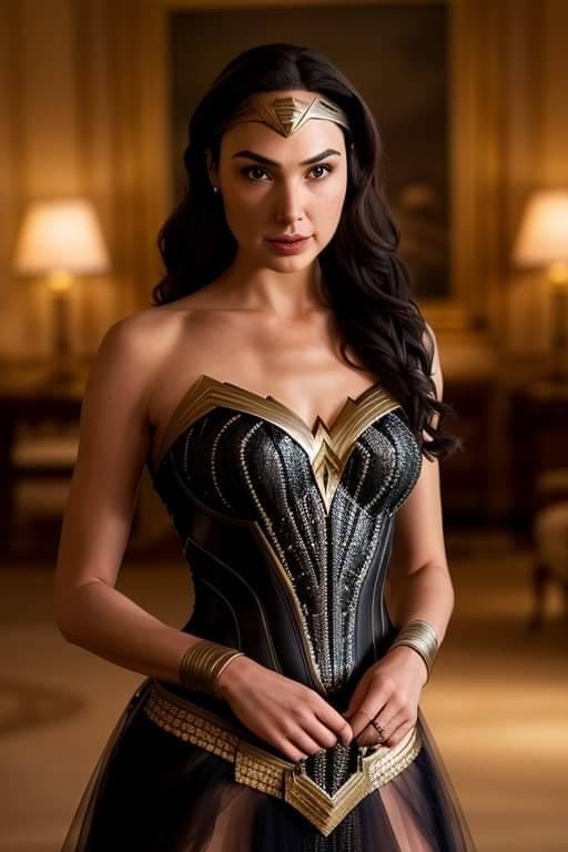 Gal Gadot dans une belle armure noire et or.