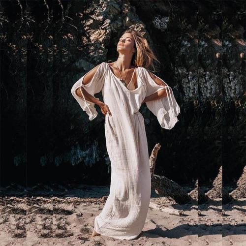 Sexy Deep V Neck Pleated White Boho Maxi #Beach Dress #Bohemian #Dress Only $40.99 Shop Now&gt;&