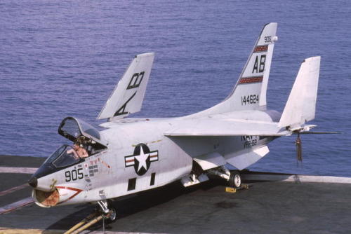 vietnamwarera: US Navy Light Photographic Squadron 62 (VFP-62) Vought F-8 Crusader on the deck of th