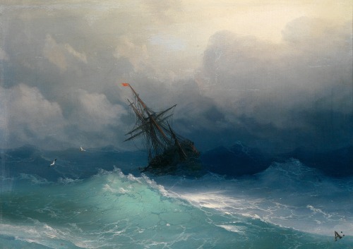 Ivan Konstantinovich Aivazovsky, Ship in heavy seas, 1873. Oil on panel. Via dorotheum