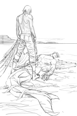 joannaestep:  Pencilled this during Livestream!  Fisherman Rin discovers an injured Mer’suke. …Shark butts are hard to draw.