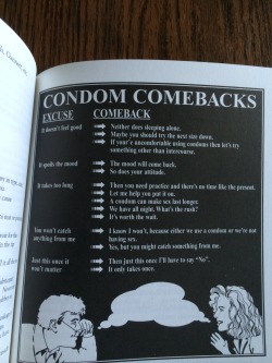 cumtoy:  crusherccme:  found this gem in the 1996 Cornell Women’s Handbook. it’s what to say when a guy tries to get out of using a condom  Honestly, I am all for safe sex.  Seriously.  But my most common come back when a guy I know doesn’t want