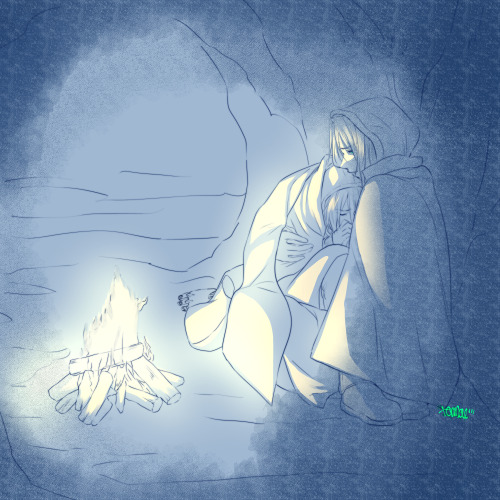 boomchickfanfiction:[Image description: An image drawn all in blues and whites shows Sephiroth and C