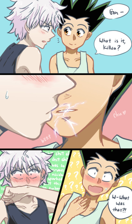 ame-gafuru:  killua’s kisses are full of sparks <3 (read right to left) 