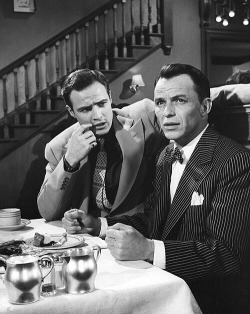 foreverfranksinatra:  Marlon Brando and Frank Sinatra in Guys and Dolls, 1955. 