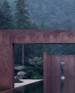 archatlas:  Rose House by   Sergey Makhno Studio Rose is a guesthouse made of concrete, weathering steel, glass and water. The steel exterior seems private and fully immersed in the wild nature, whilst the inner part of the building is opposite – open