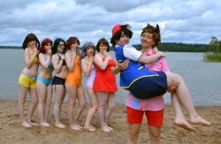 retacosplay:  “Is he going to steal our man?! …nevermind, I ship it!” Ash, Gary and Gary’s cheerleaders (1/2/3/4/6) from PokémonUnofficial beach!Yukicon in Espoo, Finland, July 2015Photographed by Nekku 