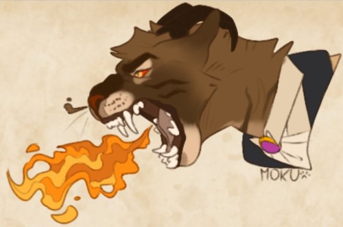 A side view of Edward's face, he is growling, showing his teeth as he blows out a big orange flame. A small cloud of smoke comes out of his nostrils.