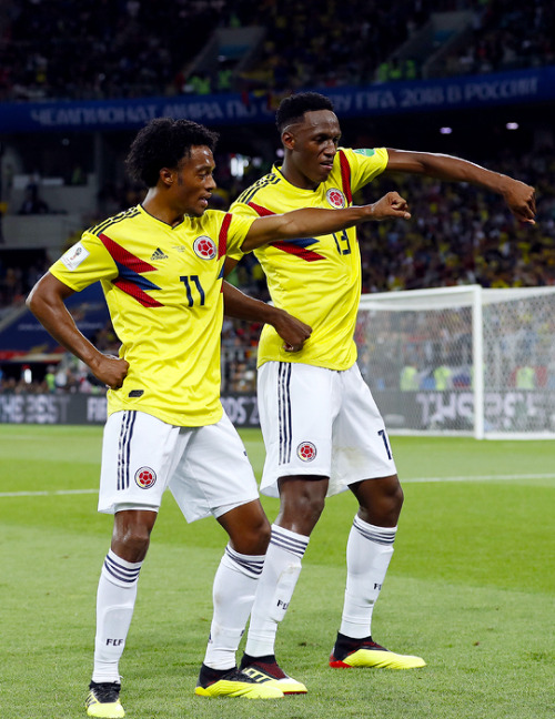 worldcupdaily:Juan Cuadrado and Yerry Mina of Colombia celebrate scoring vs. England.