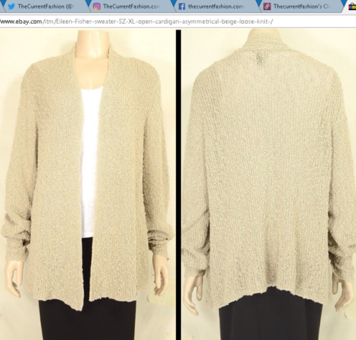 Eileen Fisher sweater XL open cardigan asymmetric beigechunky loose knit, longer front, long sleeve.