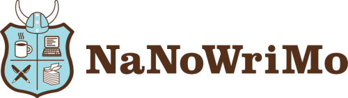 The NaNoWriMo logo and name. It features a brown and blue shield with a coffee cup, computer, crossed pens, and stack of papers, topped with a viking helmet.