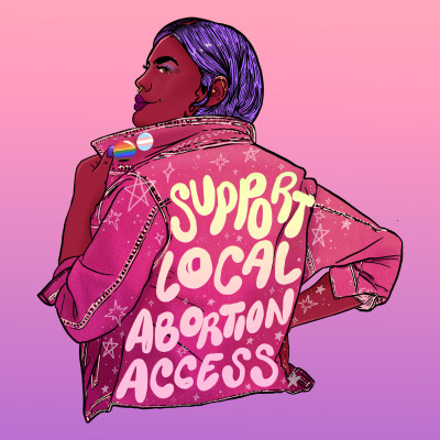 Digital illustration of a brown fem with a purple bob. They are looking back, with the collar of their pink denim jacket lifted up. The jacket has two pins that depict a rainbow flag and trans flag and there’s stars and text that reads, ‘support abortion access.’