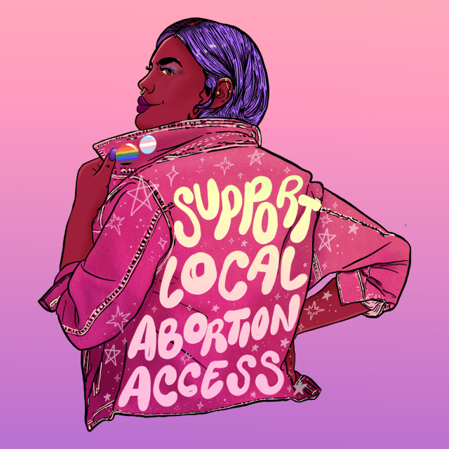 Digital illustration of a brown fem with a purple bob. They are looking back, with the collar of their pink denim jacket lifted up. The jacket has two pins that depict a rainbow flag and trans flag and there’s stars and text that reads, ‘support abortion access.’