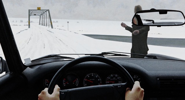 painting of someone driving a car, a person on the side of the road looking like they're about to throw some snow