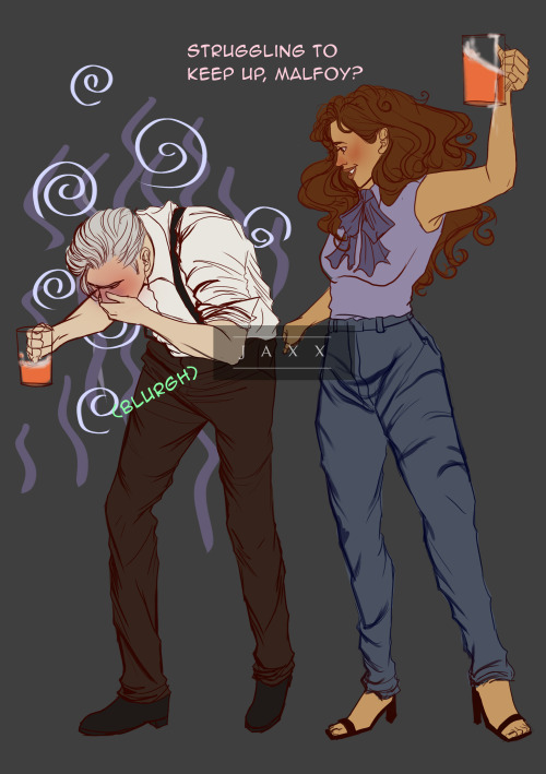  Headcanon: Hermione being a seasoned drinker as an adult and (almost) drinking Draco under the tabl