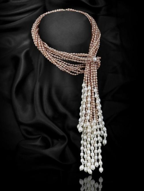 Peach and White Multi-Strand Freshwater Pearl &ldquo;Scarf&rdquo; Necklace