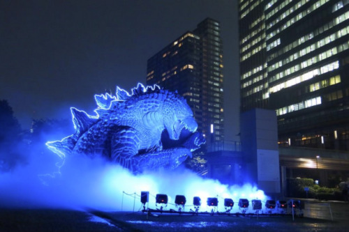 archiemcphee:  We aren’t sure how it happened, but Godzilla appears to have gotten stuck while walking through the gardens of Tokyo Midtown. He’s only visible from about the waist up (Godzilla has a waist, right?) along with a portion of his tail.