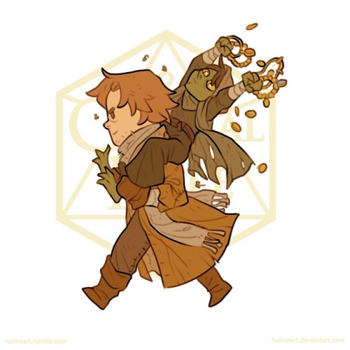 infernallegaycy:[id: a chibi illustration of caleb &amp; nott in front of a yellow outline of th