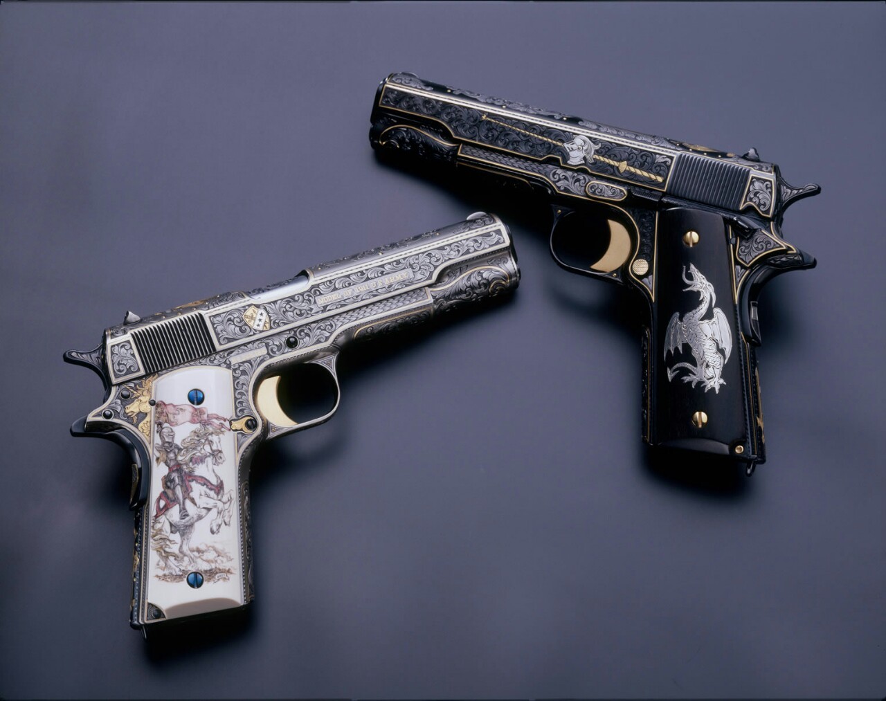badger-actual:  White and Black Knight, Colt 1911s. 