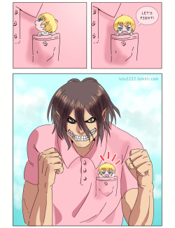 lulu2222:  Armin being safe in Eren’s pocket ! Again I blame drinkyourfuckingmilk for this idea XD P.S. Inspired by this post ♥ 