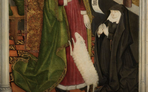 Anonymous, Geertruy Haeck Kneeling in Prayer before Saint Agnes (detail), 1465. Oil on panel, 62.4 ×