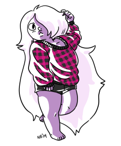 nopalrabbit:  Another warm up doodle. A month ago i drew pearl and garnet wearing my clothes but i never drew amethyst so here she is rocking an oversized thrift store sweater that’s a little too pink for me.