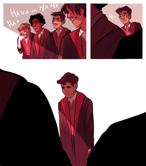 serendysm said: When the marauders are coming out of an exam and Remus is making fun of the werewolf