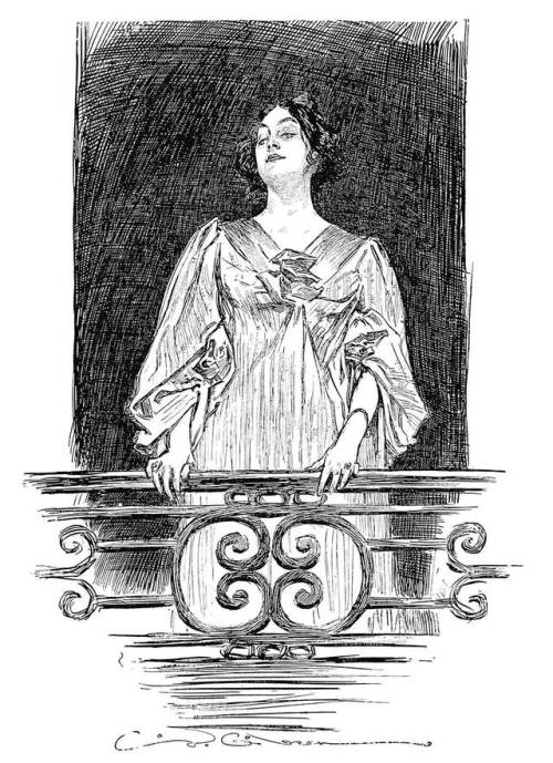 “She looked down upon our street.”  Portrait illustration by Charles Dana Gibson, for the novel, Abo
