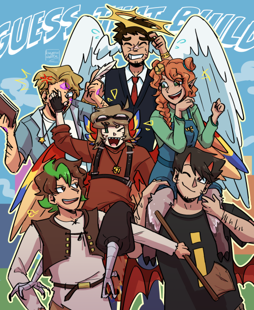 A digital drawing of Joel, Jimmy, Skizz, Grian, Gem, and Impulse. Joel holds his world edit axe while Grian sits on his shoulder, smacking Jimmy in the face with the back of his hand. Gem sits on top of Impulse's shoulders. Skizz sheepishly scratches his head in the back. The text behind everyone reads "Guess That Build."