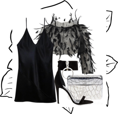black by inna2105 featuring a v neck dressV neck dress / Oscar de la Renta jacket / Off-White high h