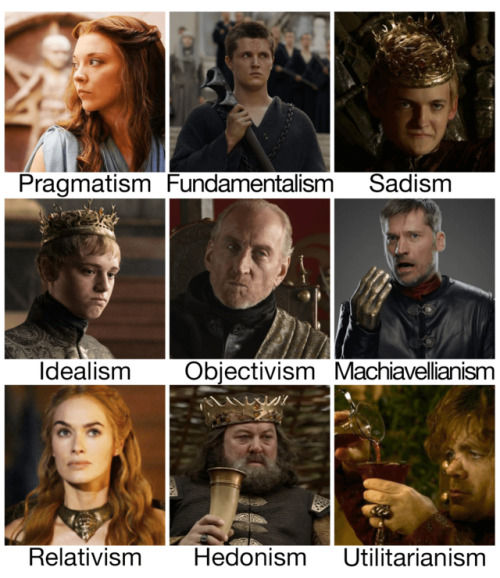 lannisters as philosophical schools of thought(yes i included ppl who married in, shut up margaery i