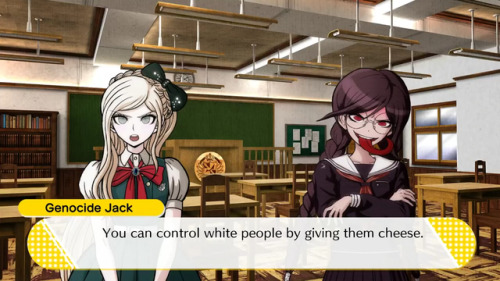 fakedrv3screenshots:Jack: You can control white people by giving them cheese.Sonia: Cheese is so goo